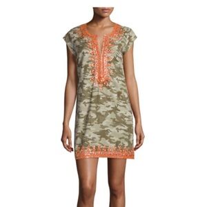 Calypso St.Barth Malka Embellished Sheath Dress (Green Camo Orange Embroidered)